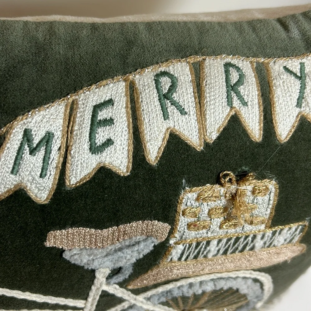 Green Velvet Merry Christmas Embroidered‎ Pillow Gift Bike Metallic Floral